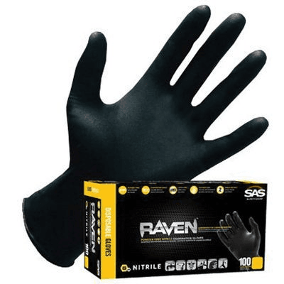 SAS Raven 66518-01 Extra Strength Disposable Gloves, Large, Nitrile, Black